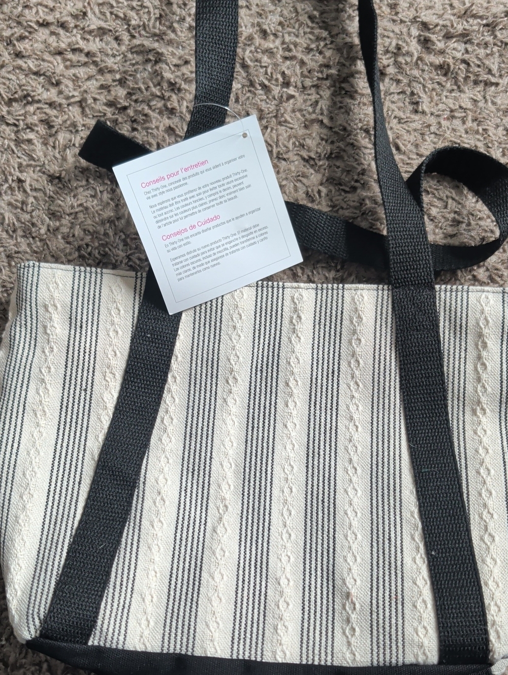thirty-one Cream and Black Striped Tote with Black Webbing Handles